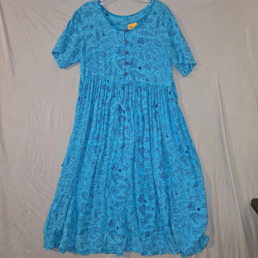 Down Under Midi Dress Medium Womens Blue Tribal Print Rayon Button Front Boho